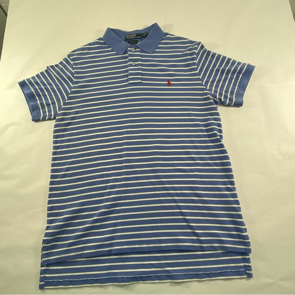 Polo Ralph Lauren Custom Fit Blue White Striped Men’s Size L Polo Shirt - Picture 5 of 10